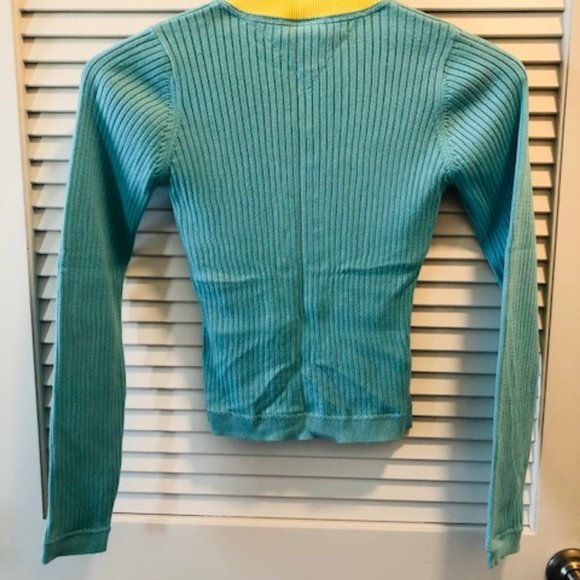Tommy Jeans Cardigan 100% Cotton Colorblock Aqua Yellow Crewneck S / P - Picture 5 of 5
